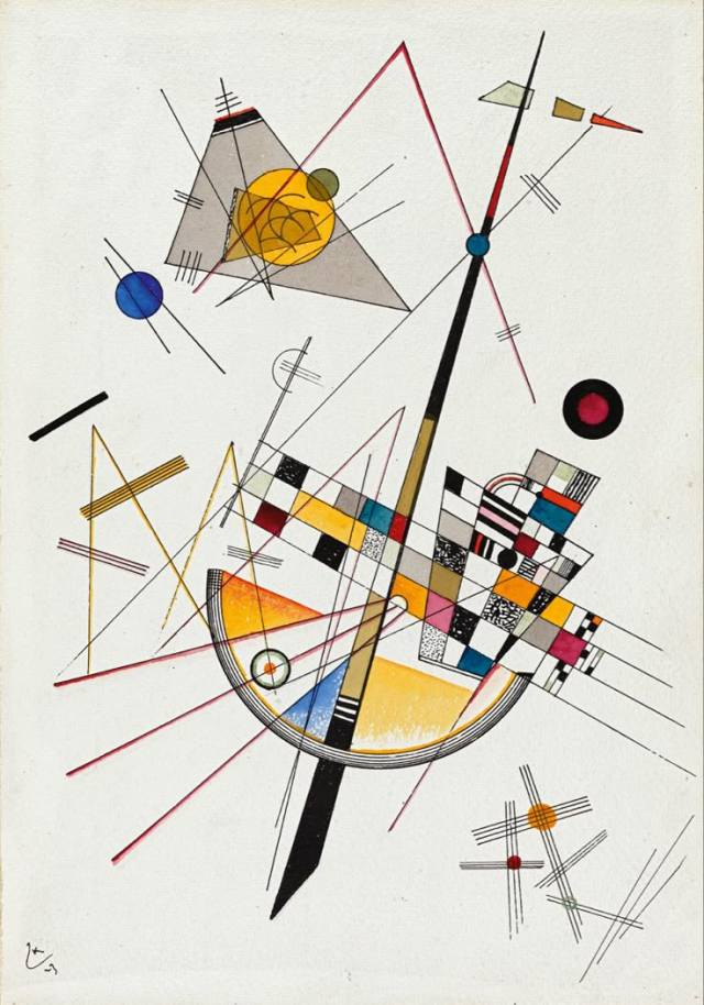 Abstract geometric painting on a cream background featuring intersecting thin lines, vibrant circles, checkerboard grids, and a large semi-circle. A long, dark diagonal line slices through the center, connecting various colorful shapes, including a grey triangle with a yellow circle in the upper left.
