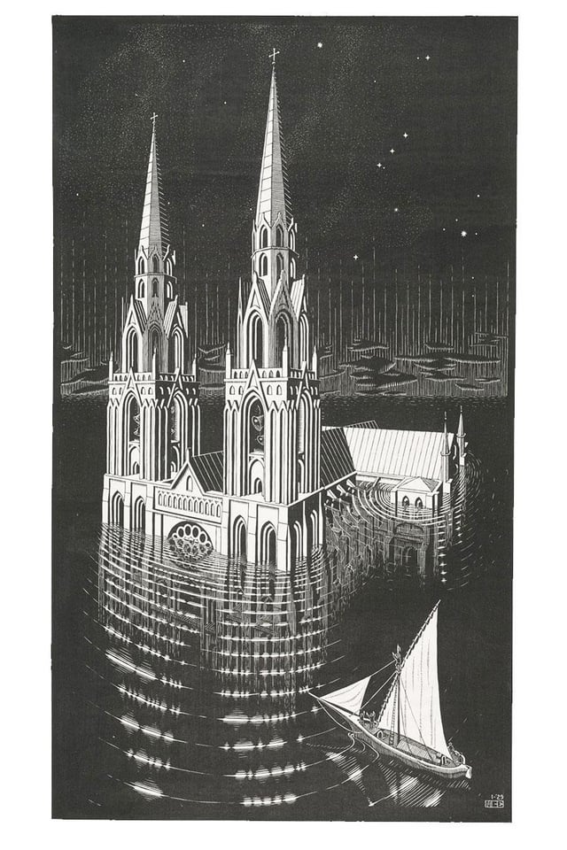 A black and white woodcut illustration of a towering Gothic cathedral partially submerged in dark water. Its twin spires rise towards a starry night sky, and their reflection ripples on the water's surface as a small sailboat glides past in the foreground.