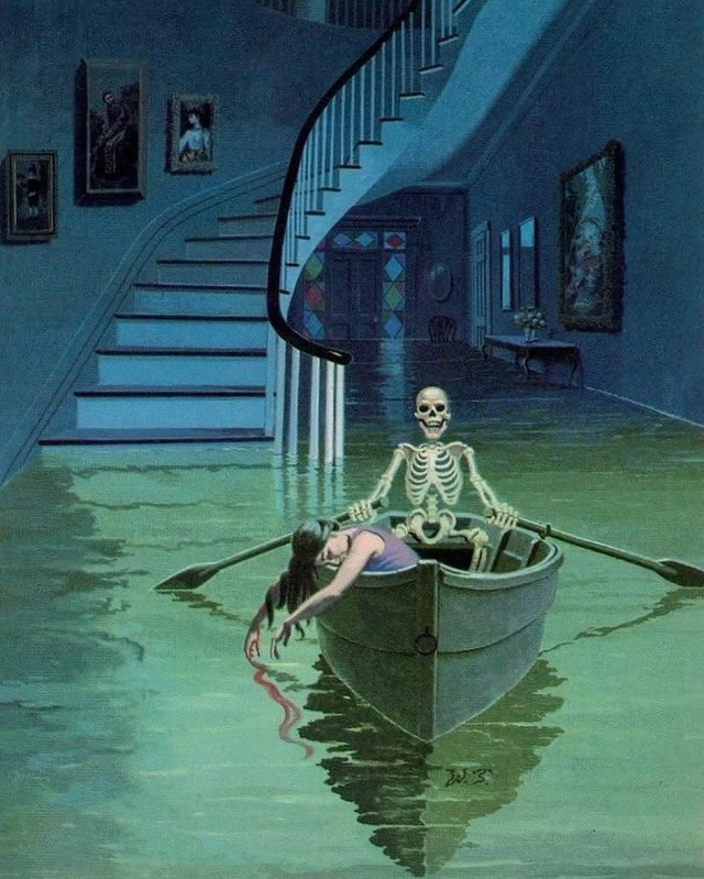 A surreal illustration of a skeleton rowing a small boat through the flooded foyer of a grand mansion. An unconscious woman in a purple dress lies slumped over the side of the boat, trailing her hand in the murky green water, with a curving staircase and portraits visible in the blue-lit background.