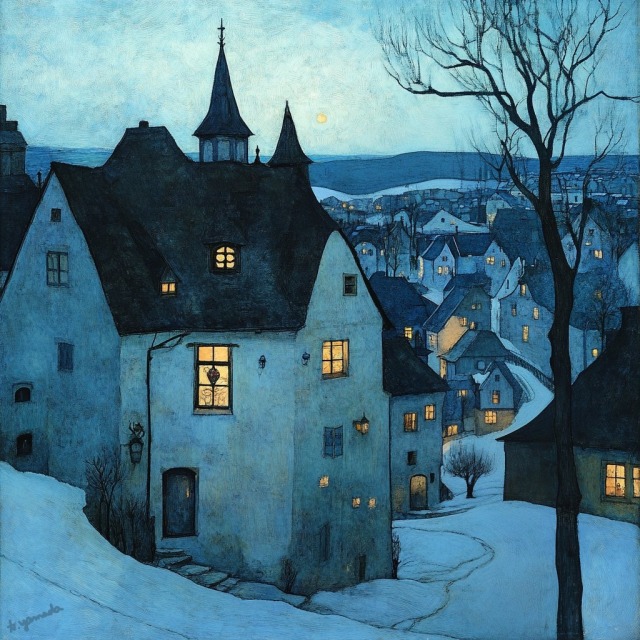 Painting of a winter village at night, yellow light in the windows of tightly spaced houses