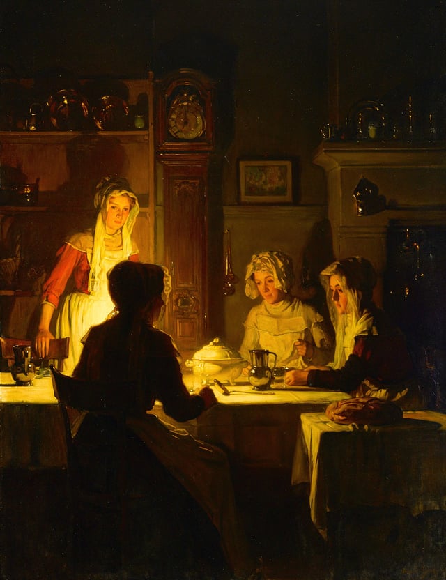 A painting of four women meeting around a table, the room is dark and they are illuminated by a light source on the table