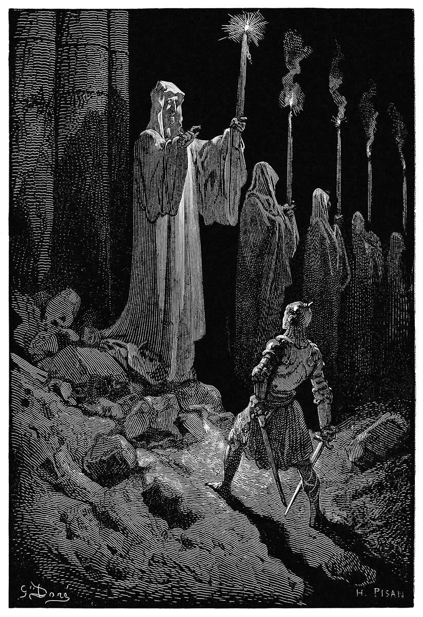 Black and white fantasy illustration of a figure holding swords approaching a line of tall robed figures holding burning lights