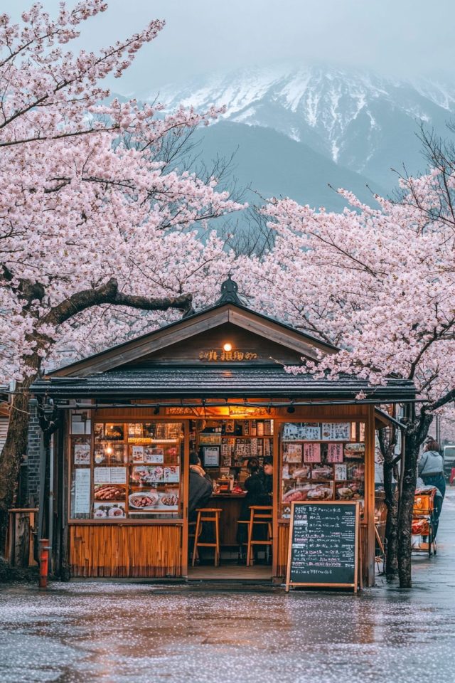 A small Japanese restaurant surrounded by cherry blossoms, a misty mountain in the background 