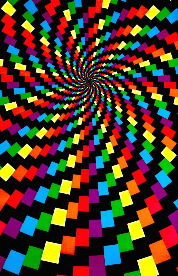 a rainbow colored blacklight poster that is a geometric pattern of squares forming a spiral