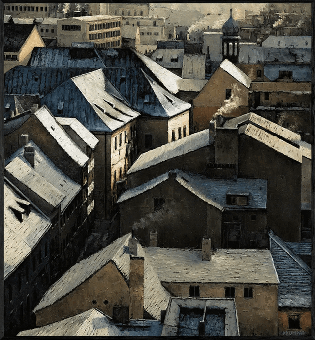 Painting of dark, densely packed buildings from above. Smoke rising from chimneys.  
