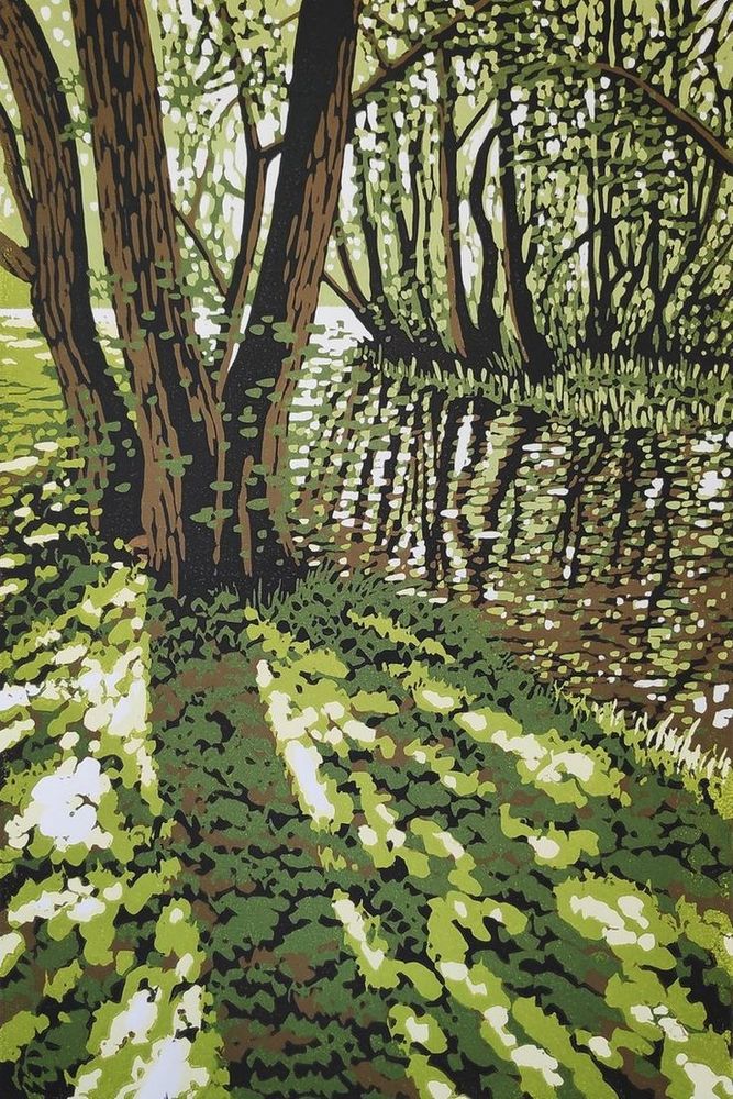 Woodcut style painting of a river scene, dappled sunlight through thick trees