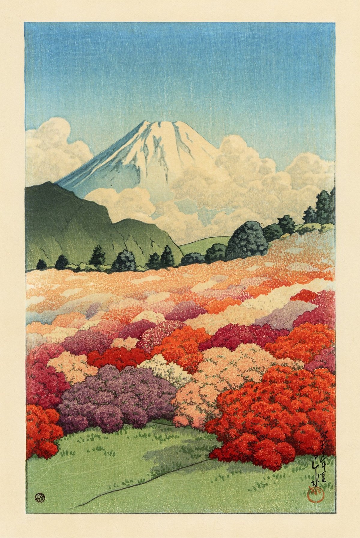 woodcut painting of a field of blooming multi-colored azaleas in front of Mt. Fuji