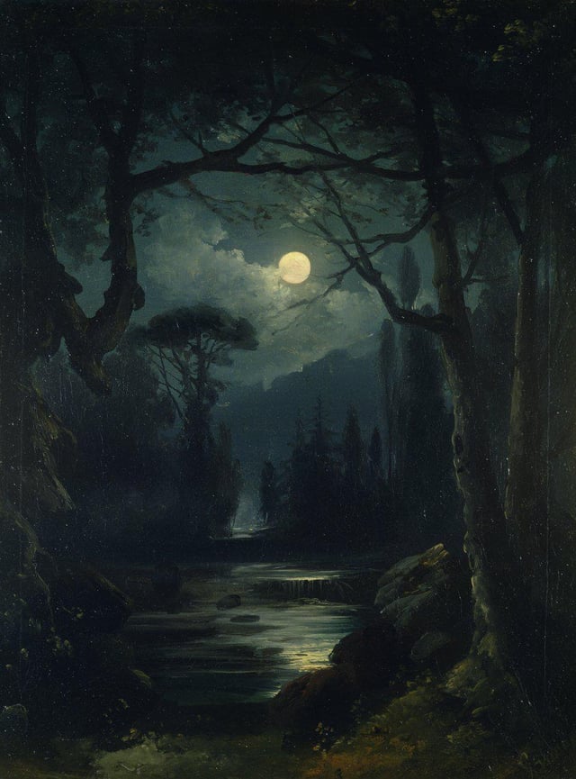 A night river landscape with spindly trees and the full moon with clouds in the sky