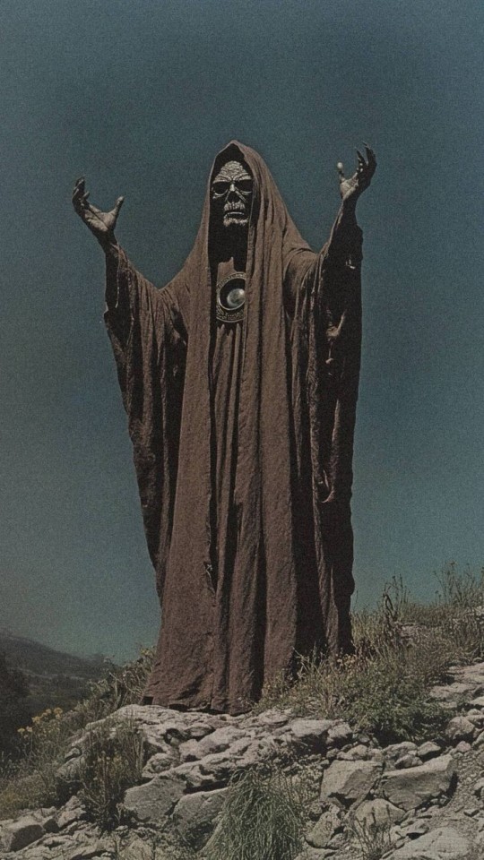 Fantasy illustration of a skeletal figure wearing long brown robes, raising its hands menacingly 