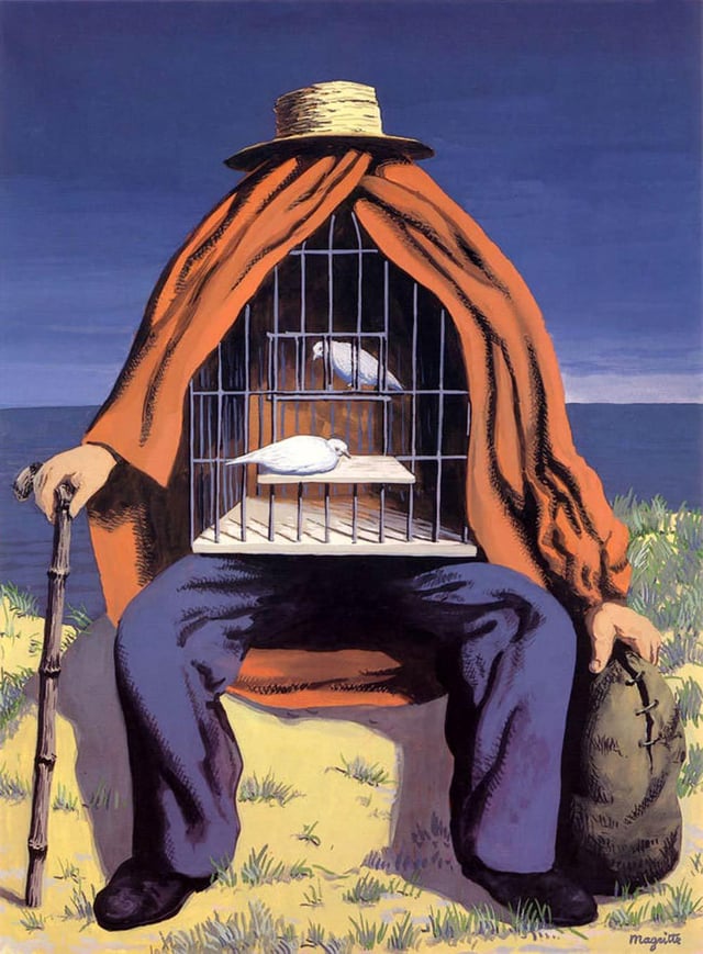 A magritte painting of a figure on a beach, the figure's upper body is a birdcage with two birds covered with red cloth and a hat. 