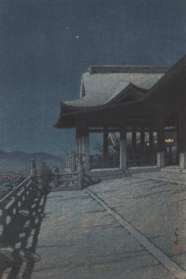 woodcut painting of a temple at night, a lone figure on a balcony looks out over a city with yellow lights