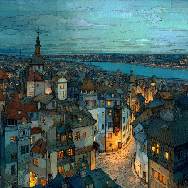 Painting of a dense village by a lake with yellow light streaming from windows