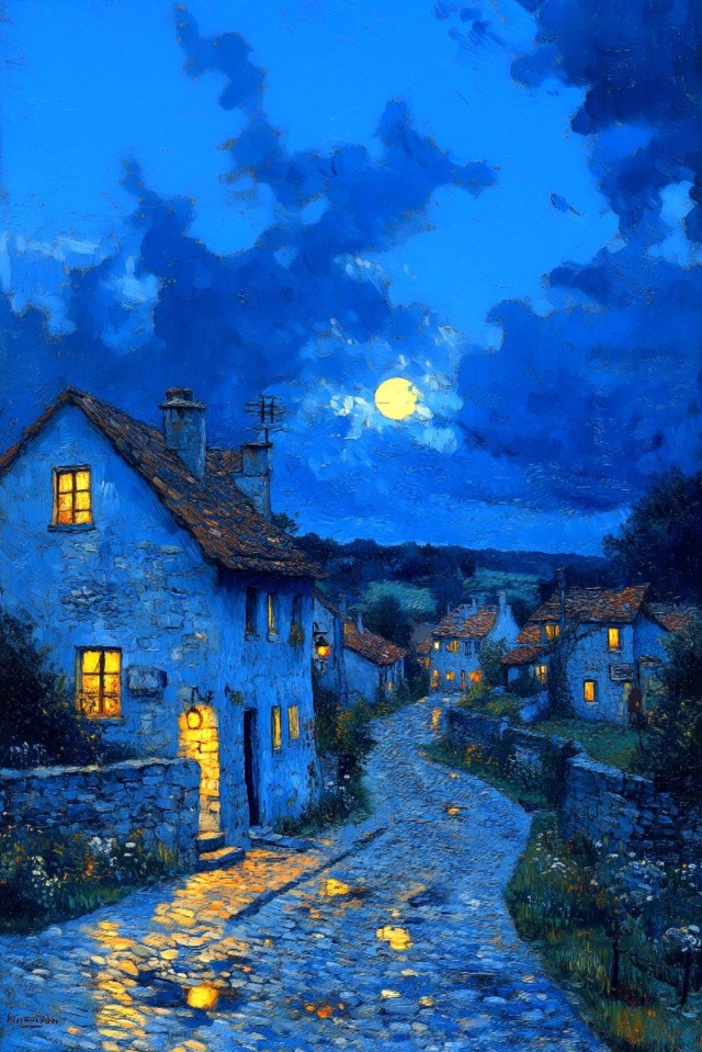 Painting of a blue night scene with with a winding cobblestone path through houses. The house windows are throwing out yellow light. There's a full moon and clouds in the sky.