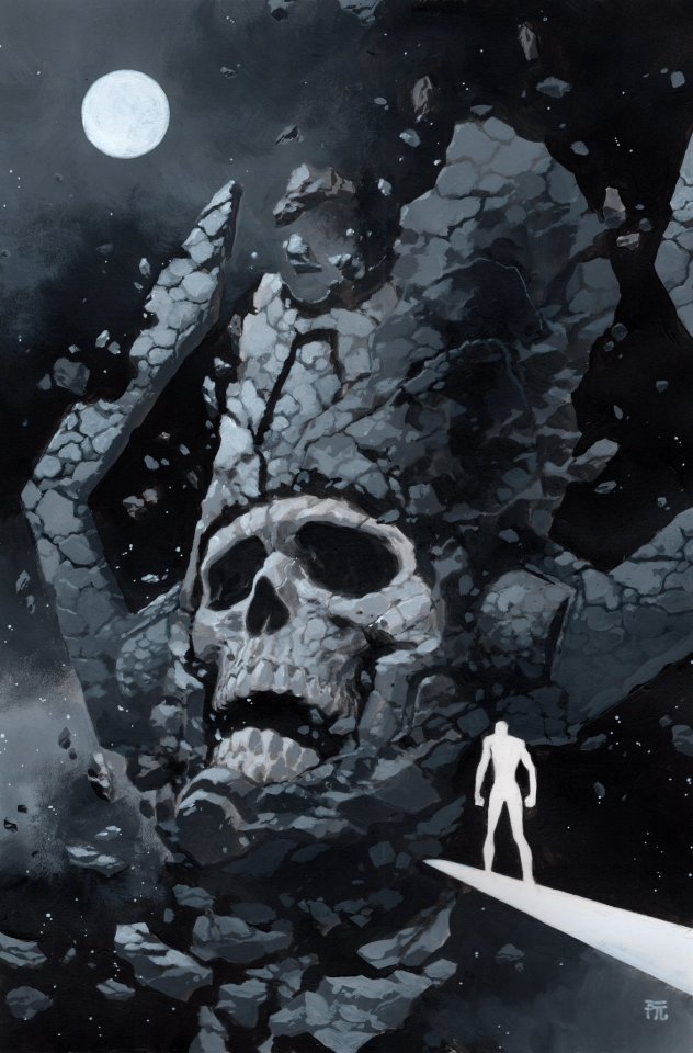 A black and white cosmic scene where the face of Galactus is a skull and the small figure of Silver Surfer on his board stands with head down