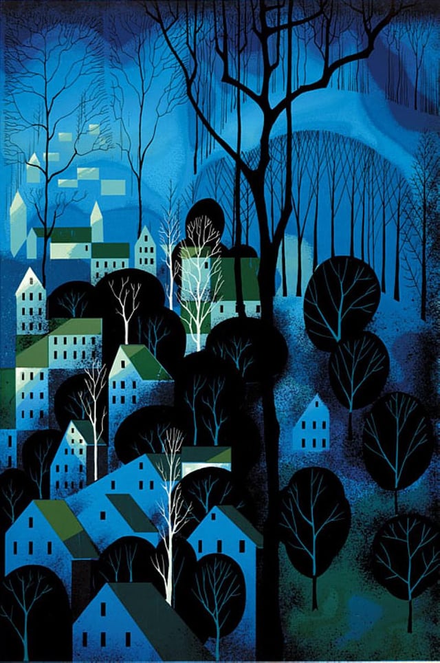 The artwork depicts a serene nocturnal setting with a cool and mysterious blue palette that dominates the scene. Nestled in a hilly forest, a collection of geometric houses stand amidst black and white leafless trees. 