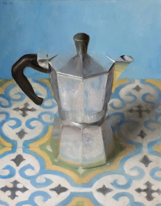 Still life painting of a moka pot sitting on a table with an intricate decorative pattern