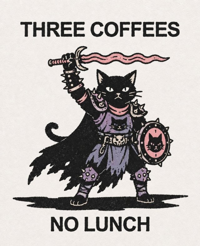 An illustration of a fierce black cat in spiked fantasy warrior armor, raising a wavy pink sword aloft and holding a spiked shield. Bold text above reads "THREE COFFEES" and text below reads "NO LUNCH."