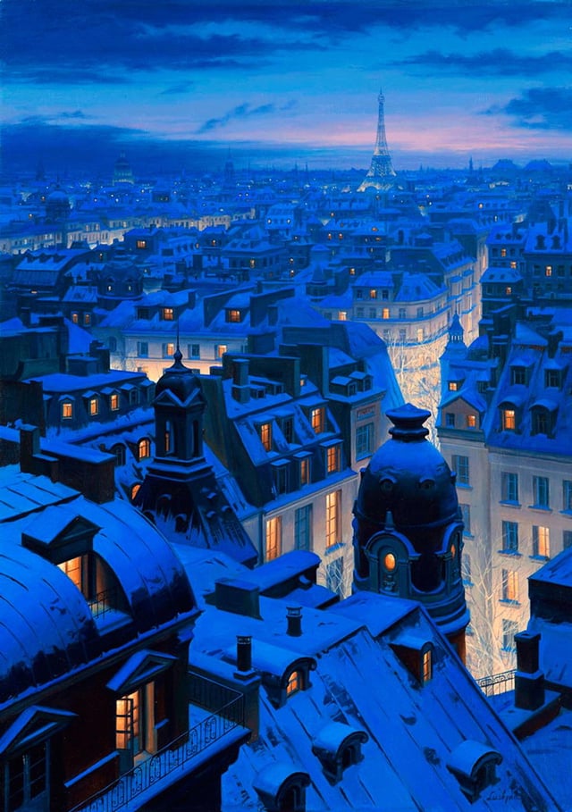 A night scene of Paris with blue buildings and yellow light from the windows. The Eiffel tower is in the background in front of a pink sky