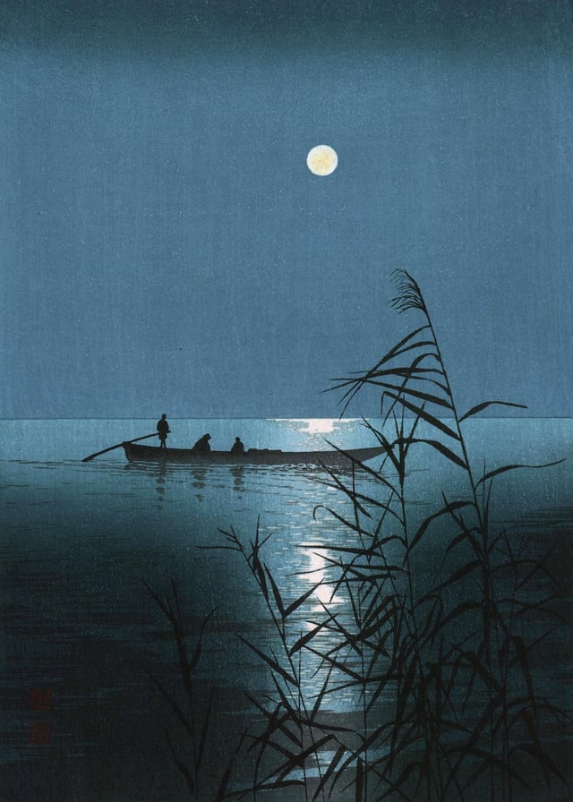woodcut style painting of a canoe with three figures, a full moon above, and spindly vegetation in the foreground