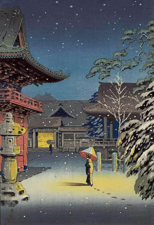 A winter woodblock print scene with a figure walking in the snow holding an umbrella