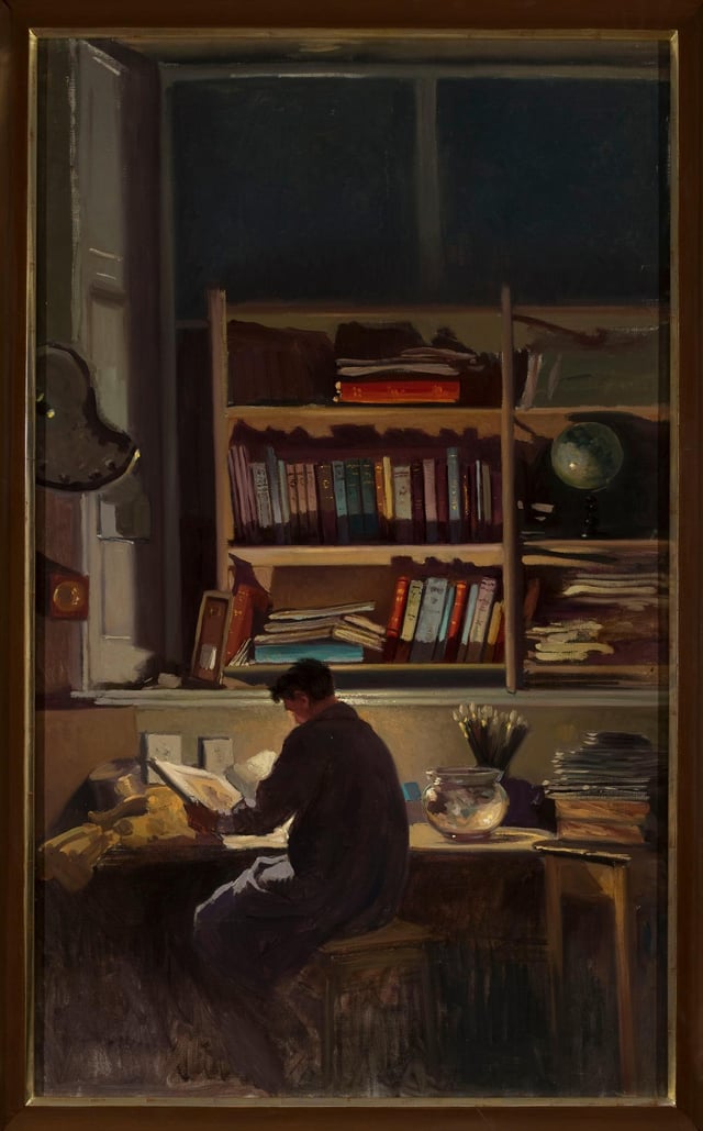 Painting of someone looking at a book in a dark room lit by a single desk lamp. A shelf filled with books is above.