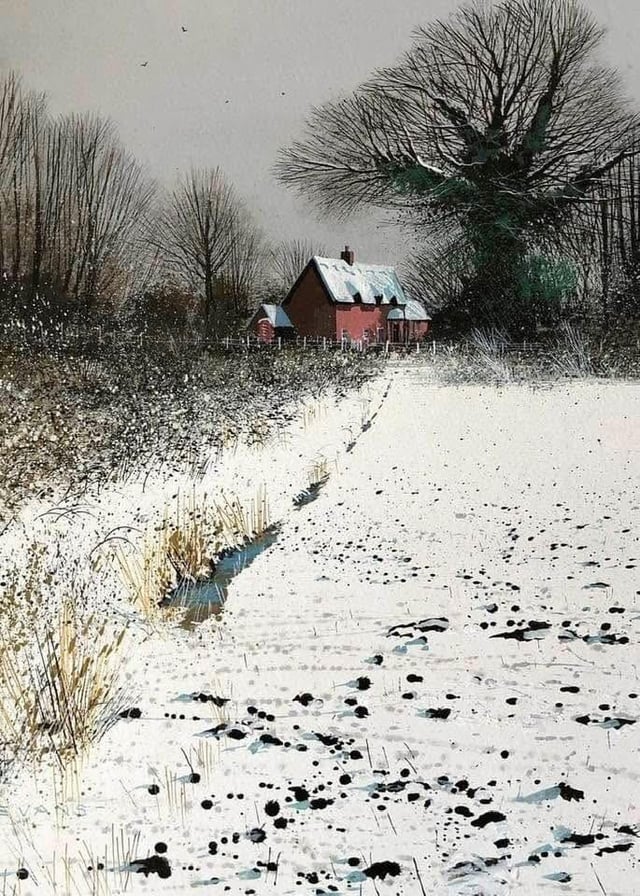 Painting of a winter scene with a snow-covered field leading the eye to a red house with snow on the roof. There's an old tree with intricate, bare branches beside the house 