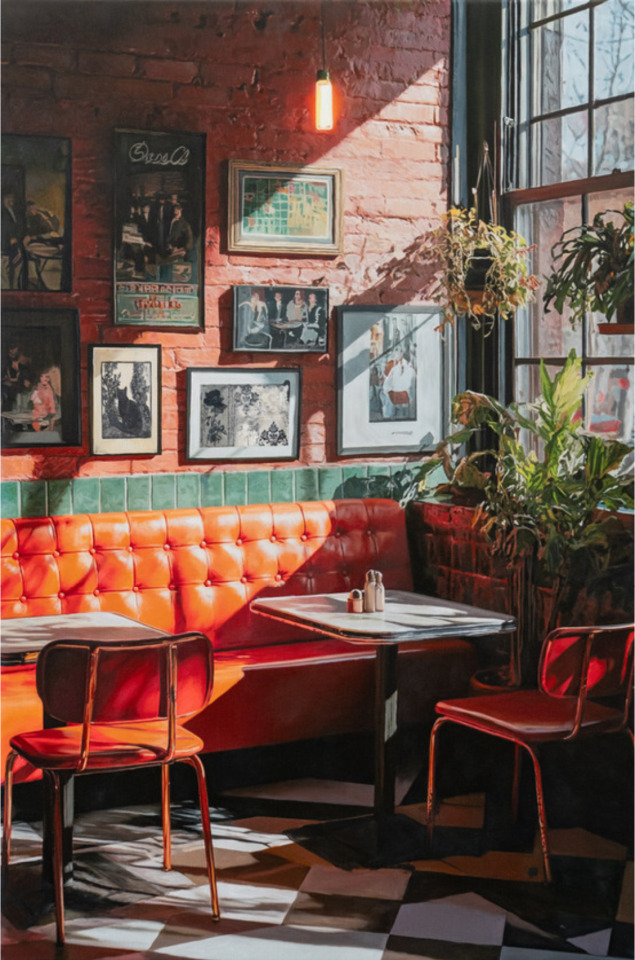 Painting of a cafe interior with light streaming in and plants hanging in the window. Bright orange empty booths and chairs wait for customers along with empty tables. The wall is filled with framed art.