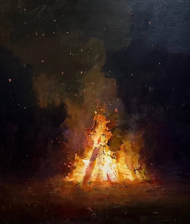 Painting of a bright, textured bonfire against a black background.