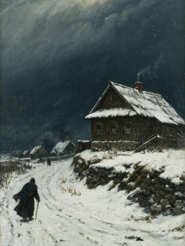 A winter landscape painting with a lone figure in a dark cloak with a cane in the foreground and snow-covered house in the background.
