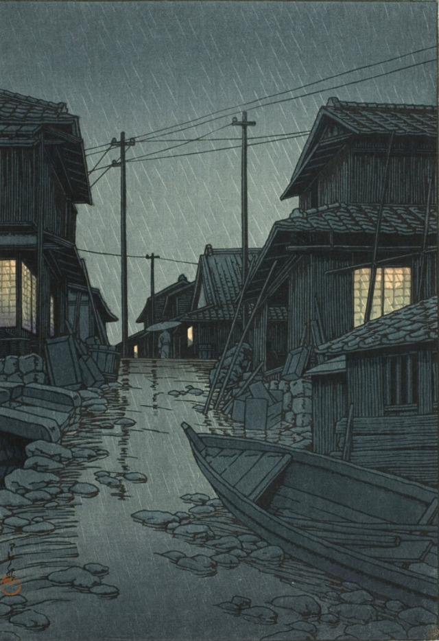 A woodblock print of a rainy night scene of a path through a village, yellow light from the windows