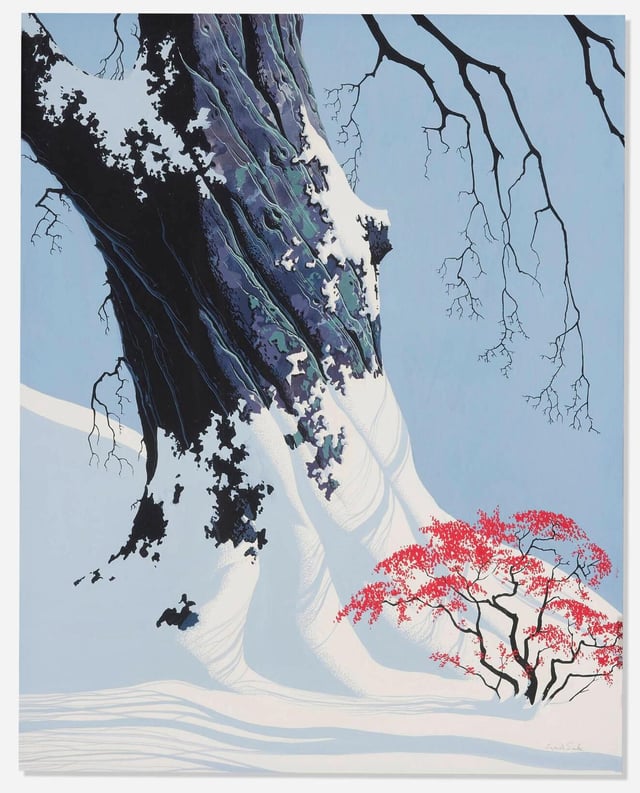 Painting of a winter scene with two trees, one with bare branches and a smaller tree with red leaves breaking through the snow