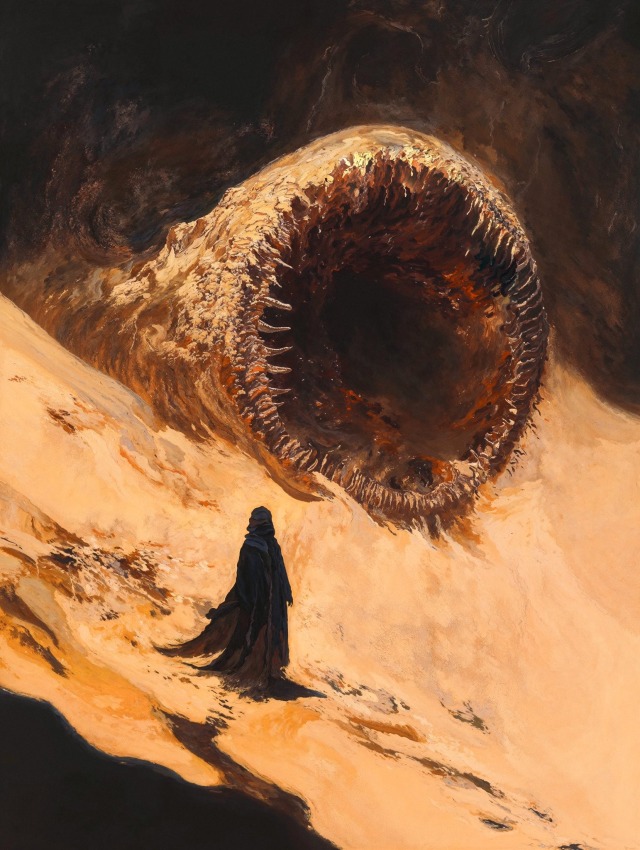 A desert scene from Dune with a sandworm confronting a lone figure in a robe