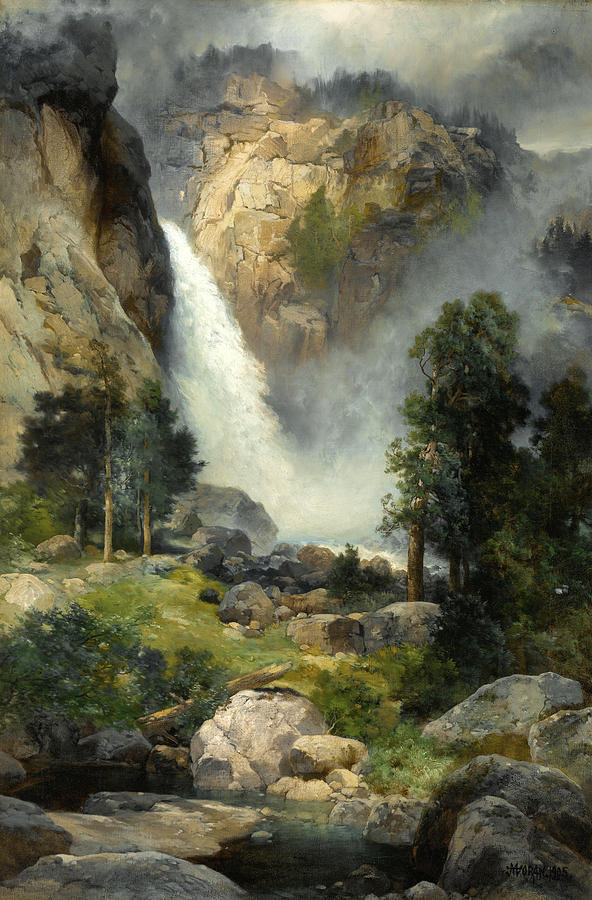 a painting of a rocky waterfall scene