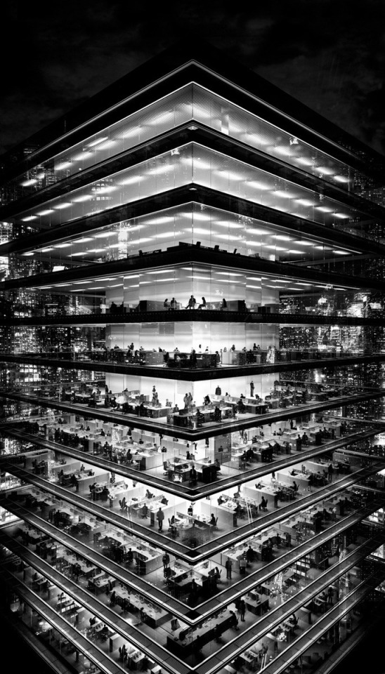 a black and white photo of a multi-story building where each floor has fully transparent windows so you can see the people and furniture inside