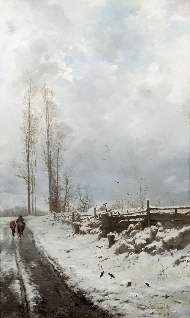 painting of a winter scene with two figures one on a horse and the other walking alongside down a road. Bare trees are in the distance, birds are on the side in the foreground.