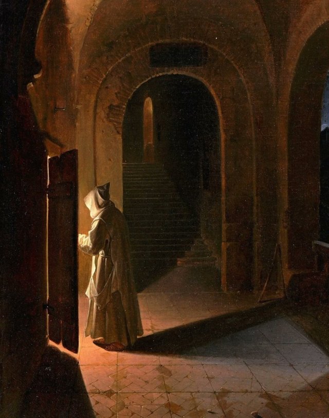 a painting of an interior monastery scene with a robed figure opening a door in a dark hallway, light pouring through