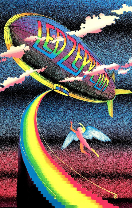 Intensly colored blacklight poster featuring a blimp that says Led Zeppelin with a rainbow stairway leading up to it. A naked figure with wings appears to be flying up.