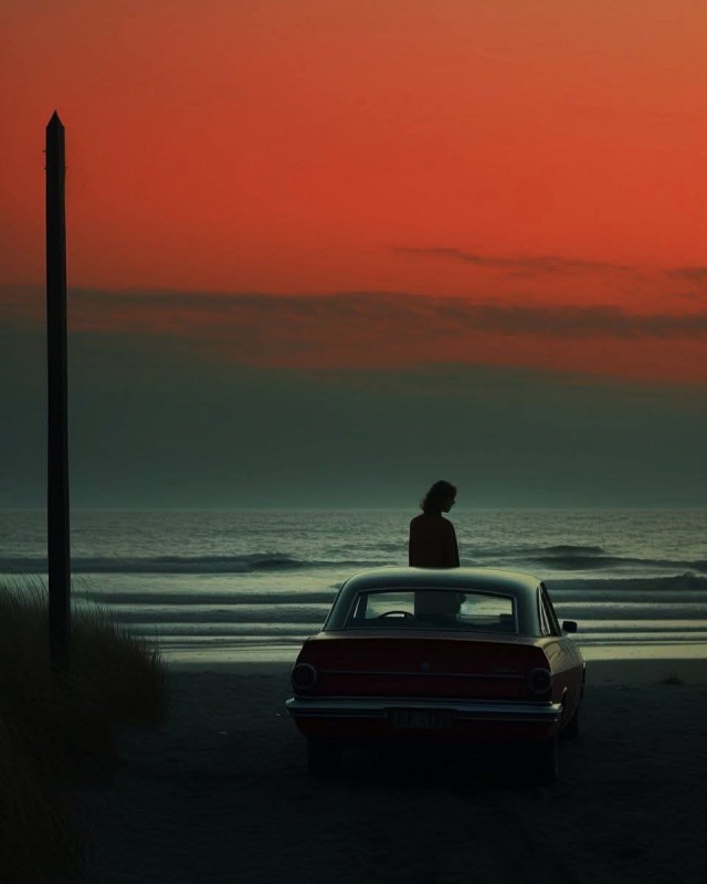 Picture of an ocean sunset with a red sky, a silhouetted figure stands in front of a vintage car 