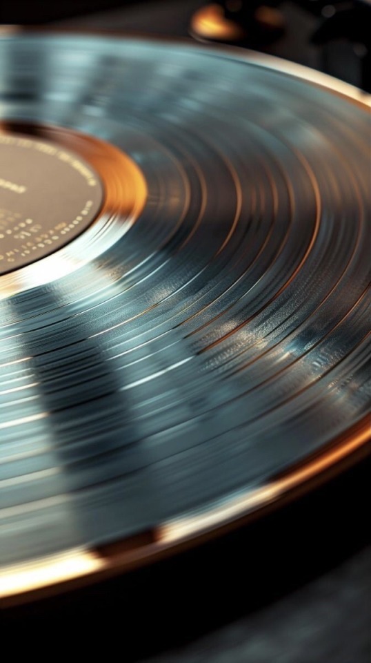 Closeup of a vinyl record that highlights the grooves