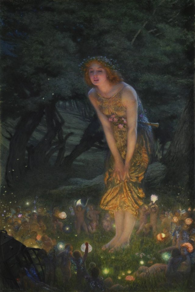 painting of a woman in a dress standing a fairy circle. She's bending over to look at the fairies holding lights and she's wearing a crown of flowers