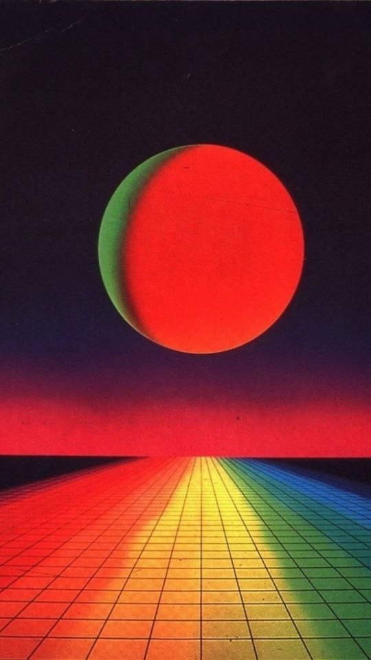 Very colorful illustration in 80s style, looks like a blank VHS cover with a floating red sphere and rainbow grid road below
