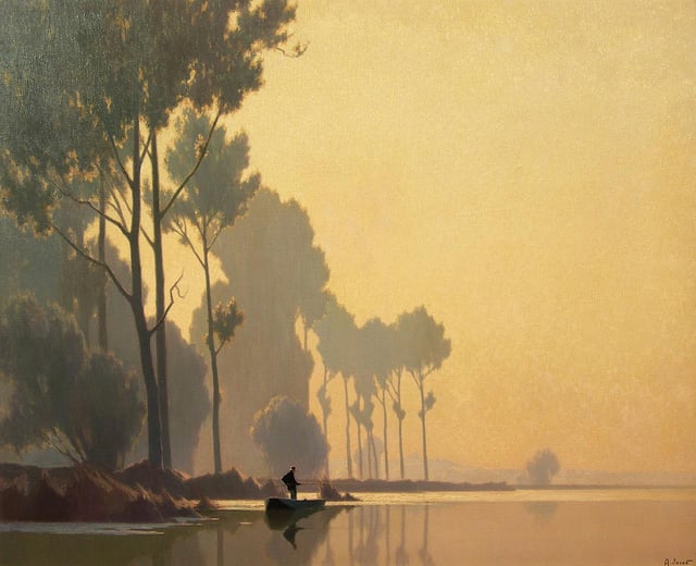 Landscape painting of golden light on a lake. A lone figure stands in a boat on the water near a tree-lined shore.