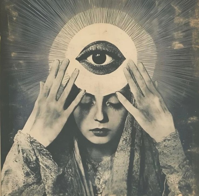 black and white collage picture of a hooded woman with eyes closed and a large eye in a circle emitting light on her forehead