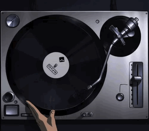 anime scene of a record spinning on a turntable, a hand guiding the edge.