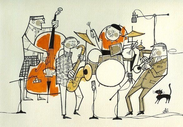 line and watercolor illustration of a jazz band with musicians on bass, drums, saxophone, and trumpet. Mics are positioned around and a cat watches from the corner.