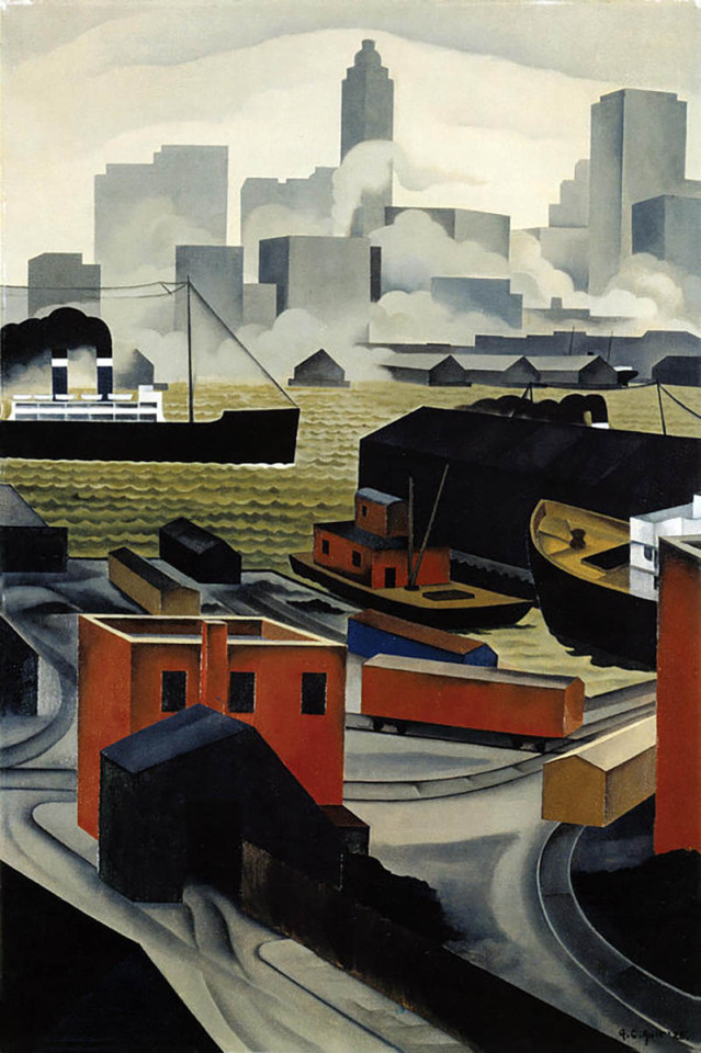 Painting of a city skyline as gray geometric forms with clouds between the buildings in the background, a river with boat going by midway, and a shipyard with red geometric buildings in the foreground