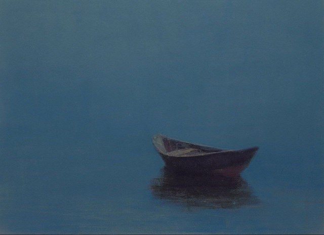 Painting of a small boat on the water with no passengers, the water and sky blending seamlessly 