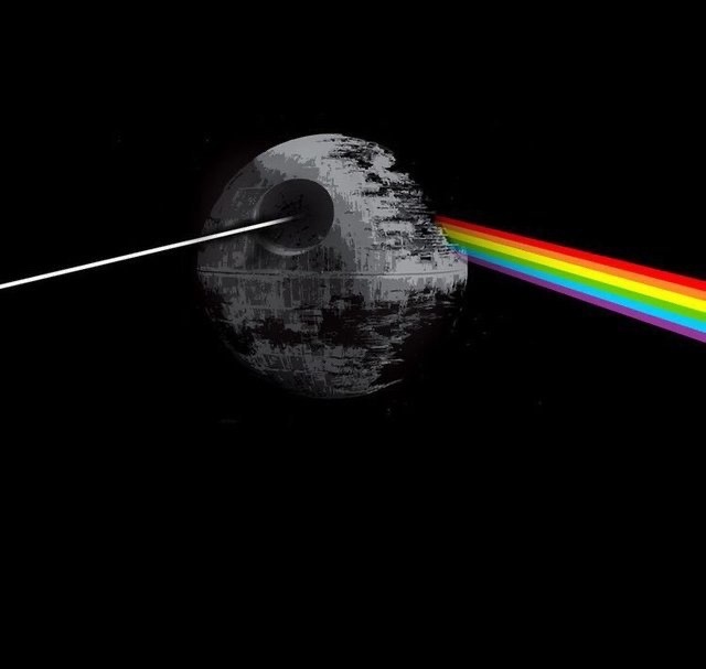 an image that looks like the cover of dark side of the moon but instead of a prism splitting light in the center it's the death star from star wars