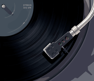 animation showing a record with gray label spinning on a turntable with a metal tone-arm on the grooves
