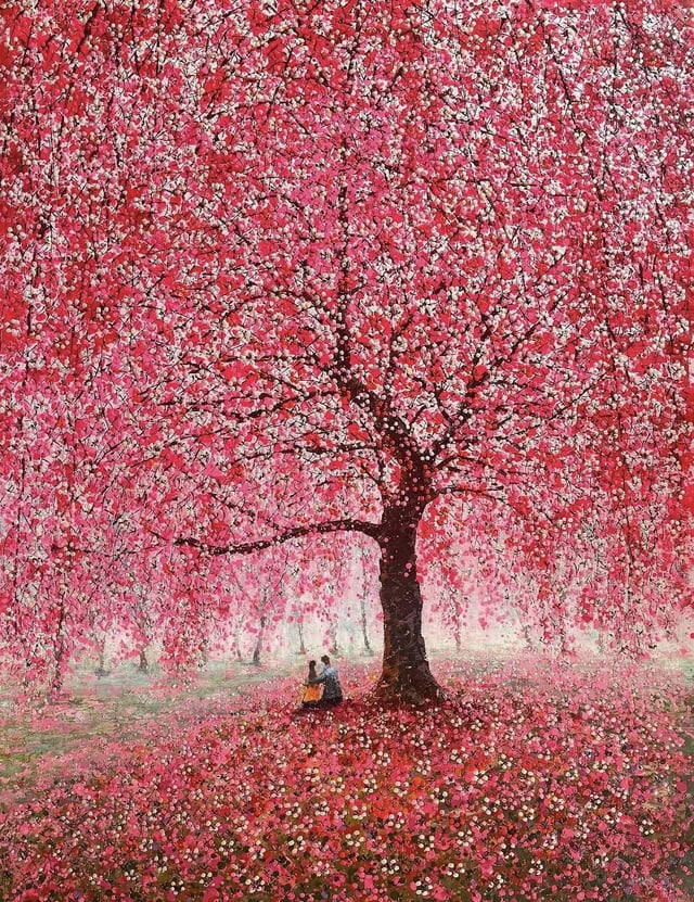 An impressionistic painting of a large, vibrant tree overflowing with dense pink and white blossoms. At its base, two small figures sit together on a ground carpeted with fallen petals, with more blooming trees in the soft-focus background.